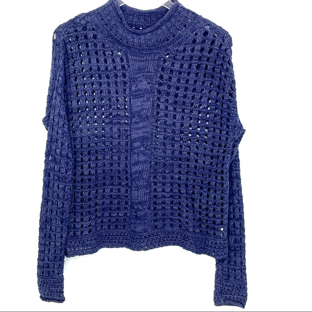 Free People Navy Crochet Oversized Sweater Mock Turtleneck Knitted Cable Size XS